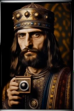 Portrait of Eastern Roman emperor Justinian on Polaroid camera