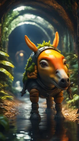 close up, magazine cover, smiling with front teeth, metallic yellow orange donkey turtle with friendly cute face and hair locks in dark lit reflective wet jungle metallic hall dome hotel tunnel, in the style of a game,bokeh like f/0.8, tilt-shift lens 8k, high detail, smooth render, down-light, unreal engine, prize winning