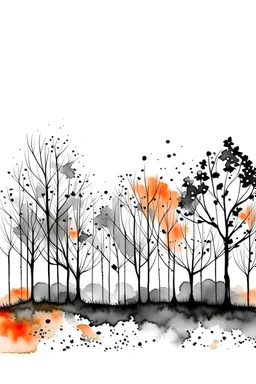Watercolor black and white far away trees with orange little flowers on the trees