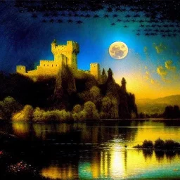 Drawing of 'Medieval Romanian Castle',bats,mountain,lake,full moon, by gaston bussiere, greg rutkowski, yoji shinkawa, yoshitaka amano, tsutomu nihei, donato giancola, tim hildebrandt, oil on canvas, cinematic composition, extreme detail,fit full head inside picture,16k