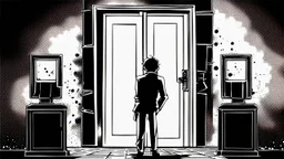 unhinged door, anime, monochrome, black background, ink, simple, maximum quality, broken hinge, barely functioning, why is it still being used it's a health hazard