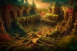 Fantasy artwork. One of the winning photos captures an otherworldly, imaginative-style work of art depicting a dreamlike maze. The images are elegant, detailed, and complex, with cinematic lighting, vibrant colors, whimsical structures, and beautiful fantasy themes. Ultra-detailed fantasy canvas oil painting photo, realistic 4K, very attractive and beautiful dynamic lighting, award-winning dreamy landscape watercolor patchwork in pastel colored watercolors. Modifiers: Nikon D850 highly detailed