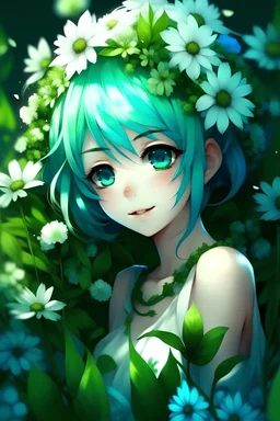 cartoon, girl with green skin, green hair, blue eyes, ent, plant, plant girl, white flowers, cartung
