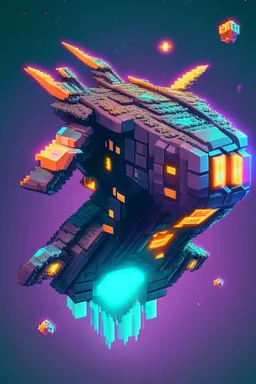 voxel space ship in game asset house anime cyberpunk style starry background