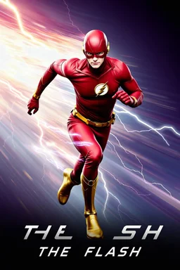 1/4 side view, looking at the viewer, Movie Poster - "THE FLASH" - An athletically built muscular, 7'8" tall man, ((skintight, formfitting, long-sleeved, red spandex bodysuit:1.5)), ((gold knee-high boots:1.5)), ((gold wrist gauntlets, red fingerless gloves, gold, double holstered utility belt:1.5)), ((skintight, formfitting, red spandex helmet with red eye disguise,:1.5)), Glowing eyes, Running in the speedforce with multicolored lightning emanating from his body