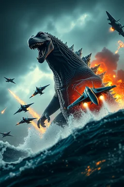Closeup view of a Kaiju, bearing a striking resemblance to Godzilla, emerging from a tumultuous sea amidst a stormy backdrop, locked in combat with agile fighter jets, amidst a conflagration of fire and explosive effects, ambient lighting, professional composition, infused with a mix of elegance and futuristic aesthetics, ultra-realistic, mystical undertones, sharp focus capturing every water droplet and flame, rational placement of subjects within a cinematic frame, epic atmosphere,