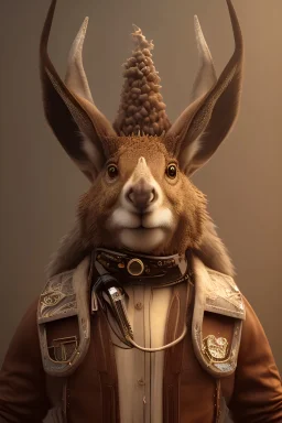 Anthropomorphic jackelope dressed in old west cowboy style, concept art, vivid colors, visionary, science fiction, Desertic bioremediation, hyper realistic, ambient lighting, concept art, intricate, hyper detailed, smooth, dynamic volumetric lighting, octane, raytrace, cinematic, high quality, high resolution, Unreal Engine 5, 8K, symmetry