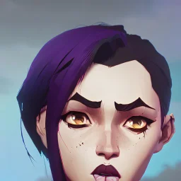 arcane animation series style, league of legends, Solo, 1girl, attractive teenager, african, dark skin, golden eyes, black hair, pair buns, forehead bangs colored in violet, necklace, earrings, modern makeup, (detailed skin texture), white oversize shirt