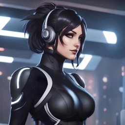 Attractive female cyborg assassin, Wearing A black bodysuit, Black Leggings, Smiling Coyly, dark eyeshadow, Intricate Eyeliner, Anime Style, Retroanime, Video Game Character