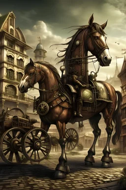 steampunk horse in fantasy city