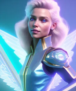 A smiling crystalised queen, atmospheric, realistic, unreal engine, cinematic lighting, octane render. blue, pink, transparency, light, shine,bright, full body, transparent wings, blonde, long hair, nice smile