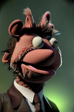 Realistic image, hybrid formed by muppet head and real human body, Shirt and tie, concept art, smooth, unreal engine 5, god lights, ray tracing, RTX, lumen lighting, ultra detail, volumetric lighting, 3d, finely drawn, high definition, 4k.