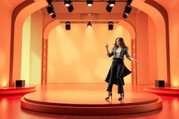 A 3D recursive structure modern stage with a pretty lady in modern clothing dancing,animating background stage