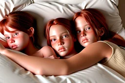 digital art of beautiful auburn hair teenage laracroft girls with grandpa in a bed, hugging grandpa bare lips