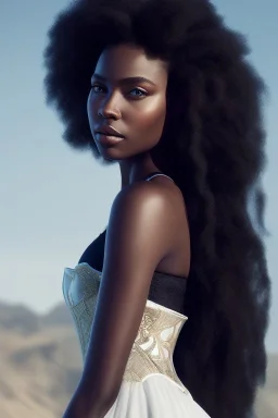 A portrait of a beautiful youthful black woman, wearing a corset, long hair, black hair, wavy hair, wizard, magical, ethereal, soft bright lighting, Concept art by wlop, Ultra quality 8k, Fantasy.