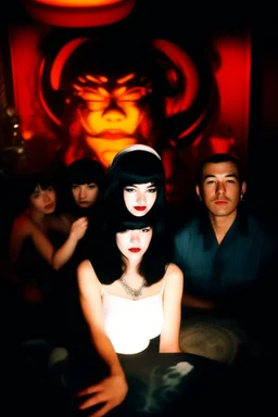 Betty Page and some demonds. art from japanese style 1980 movie. Heavy metal arcade. perfect lighting, leica summicron 35mm f2.0, kodak portra 400, film grain. hangover post party, wasted, closeup and mist, face melting flame. pc game