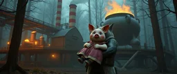huge hot dog factory under the bridge , in magical black forest the bad hairy chest shiny mutant wolf carrying a lovely scared wtf are you up to, Korean pig girl with dress under his arms, big cauldron in the background in the style of fallout 4,