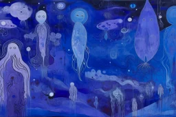 A purple outer space with ghosts of illusion designed in native American petroglyphs painted by Claude Monet