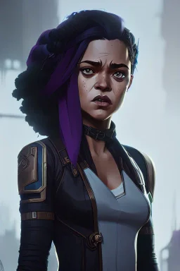 portrait,beautiful tessa thompson, long hair, post-apocalyptic in a cyberpunk city, realistic, intriacte detail, sci-fi fantasy style, volumetric lighting, particales,highly detailed,cinamatic, deep colours,8k