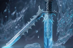 One fantasy greatsword that is slender, translucent blade made of ice. The hilt is crafted from swirling vines, leading to a vibrant crystal at the pommel. With a black background behind it. HD