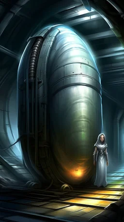 in the back lot of a warehouse, sci fi big stasis capsule for a human, unique, oblong, fantasy art, painting