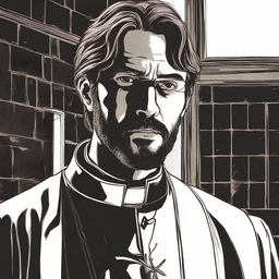 young man with scraggly hair and beard stubble in sunglasses dressed in a priest's frock with a repulsed look on his face that looks like Hans Gruber comic book character