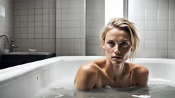 žena 35 let, blond rovné vlasy po ramena, šedé oči, špičatý obličej, velmi úzké a vykrojené rty, sedí na okraji vany v prostorné a moderní koupelně, na zemi je rozlitá voda, veliký kontrast, hodně detailů, velmi realistické, fotografe RAW