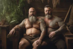 full body two men 50 years old woodcutter in boxer muscular chubby hairy shirtless with many tattooes with a huge bulge , embraced close, manly body, long beard, wood background,High detail, very detailed, ultra HD, 8k, cinematic