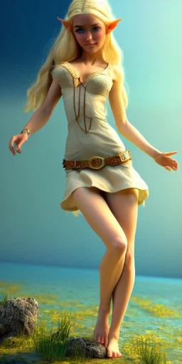 A long shot, Cute elven female adventurer with blonde hairs dressed in a light sundress and with bare feet on the floor, posing frontally, in style of Cedric Peyravernay Art, microdetails, ultradetailed --ar 2:3 --beta --upbeta