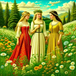 Scandinavian folk women, midsummer, traditional, pagan, painted, digital painting, 24k, high resolution, highly detailed, ornate, meadow with flowers and trees, art by RAFFAELLO OSSOLA