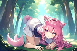 Forest, girl, pink hair, dog tail, sit on all fours