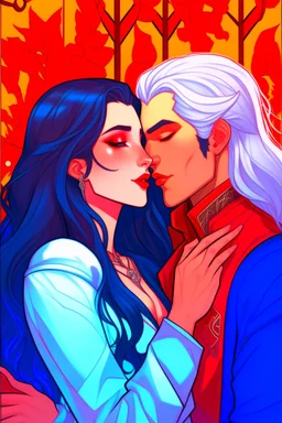 A couple from the dnd game curse of Strahd. The woman has long white hair and blue eyes, the man has LONG BLACK hair and red eyes, no facial hair. KISSING