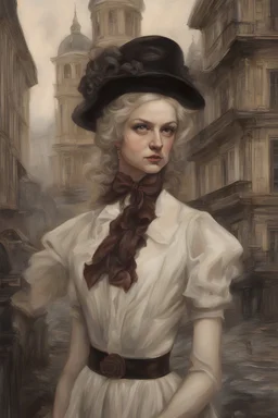 "Sigmund Freud's and Alexandra "Sasha" Aleksejevna Lussin" Spain the 18th century fantasy bombshells oil paiting by artgerm display Tim Burton style in style In Freudian depth psychology, dream, symptom, death anarchists in the background in city