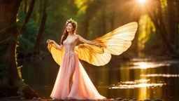 A gorgeous smiling Asian model in a fairy outfit with great wings in a magic forest with 1000 y/o trees, a small torrent, sun rays through the branches, particles in the air at dawn