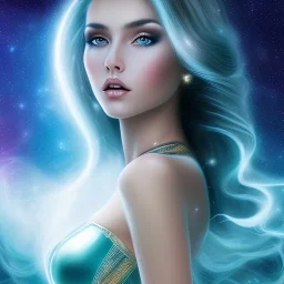 beautiful woman with long hair look the stars and northern aurora blue turquoise lights, blue, pink,