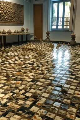 in a room thats just huge sea shells and on the floor in a huge chess board