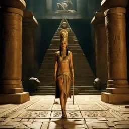 [high res photo 8K by Ray Harryhausen for Pan's Labyrinth (2006)] In the heart of a pyramid, Nefertiti is clad in a revealing bandages, her flesh is warm and radiates magic energy, with her feet on the cold tiles of the temple