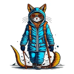 Hermosa ilustración steampunk coloreada arte lineal de un gato antropomorfico con traje de esquiador, esquiando en la nieve, calidad ultra, hiperdetallado,12k