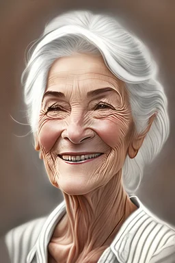 a beautiful European woman, in her 60s, chin lenght white hair, brown eyes, smiling, wearing a stripe balk and white shirt, digital drawing, 4k