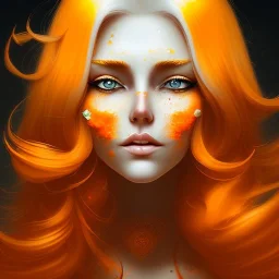 fantasy setting, woman, orange and white hair, wavy hair, freckles, ranger, more orange hair, more white hair, two-toned streaked orange and white hair