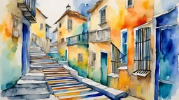 an old narrow stepped street in a picturesque town, next to the the stair steps is a meandering railing made of piano keys, watercolor and acrylic and ink, tint leak, ink leak, colors of cobalt blue, sea green, warm yellow and orange