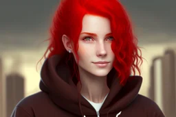 Woman with bright red hair, brown eyes, wearing a black hoodie, realistic, slight smile