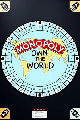 creating a custom Monopoly-style board with: 44 spaces in total, including the 4 corner squares. MAKE THE WRITING IN THE MIDDLE SAY OWN THE WORLD , MAKE THE BORD CIRCULAR WITH A LINEAR 44 SPACES, MAKE IT BLAND INSIDE
