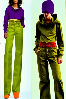 year 1998 women fashion. Straight light suit, low waist straight light suit Combat pants, t-shirt, new kind of hoodie with tippet that continues to the hood! recycled denim straight trousers. Colors: denim blue, blue, purple, cream, khaki, "bastel green", lilac, plum, orange, terracotta, red, light yellow, lion yellow, pink, dark blue, beige. Sturnus vulgaris-print. wide belt. Partly latex or leather. Kylie Minogue, Tyra Banks. leg warmer. Cargo pants and hoodie!