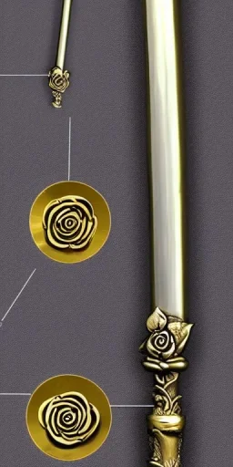 A long silver and Gold spear weapon with a rose at the handle and thorns up the poll, realistic, fantasy,