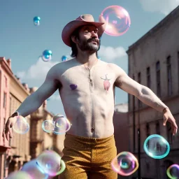 Ultra realistic circus scene. dancer man, waist up view, Wes Anderson style, happy, bubbles, butterflys, dark ambient, highly detailed, concept art, unreal engine 5, god rays, ray tracing, RTX, lumen lighting, ultra detail, volumetric lighting, 3d, finely drawn, high definition, high resolution.