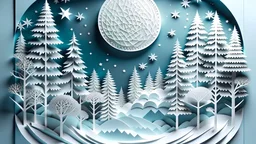 A meticulously crafted snowy landscape diorama with trees, showcasing the art of paper modeling. The handcrafted paper background and decorative cutouts in various colors add depth to this layered, polished artwork. Inspired by animation, the illustrative style features a textured, matte finish and a captivating big white moon as the backdrop.