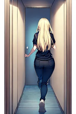 blonde girl runs in a corridor, back view, line arts, manga style