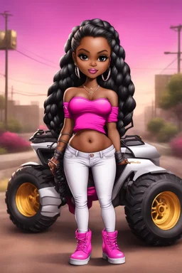 Create a digital airbrush cartoon of a curvy African American chibi female wearing tight white jeans and a off the shoulder hot pink blouse. She is also wearing timberland boots. Prominent make up with hazel eyes. Highly detailed very long extremely braids of black hair. Her skin is smooth and silky. Background of a track of ATV riders.