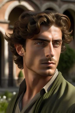 “Captured against the backdrop of an ancient Italian villa, a young Italian man exudes timeless charisma in this striking, hyper-realistic portrait. His espresso-colored eyes gaze confidently into the lens, framed by a cascade of rich, dark curls that seem to dance in the Tuscan breeze. The play of sunlight highlights the olive undertones of his skin, enhancing the sculpted angles of his jawline and the subtle, proud tilt of his chin. Dressed in a tailored suit that mirrors the elegance of the a